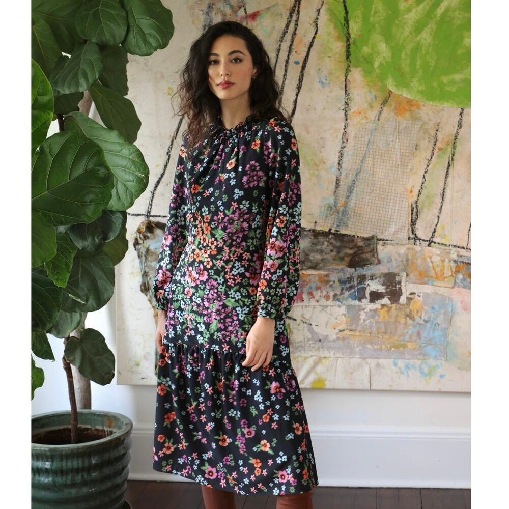 Maggy London Kiri Black Floral Midi Dress Long Sleeve A Line 12 - Picture 6 of 16